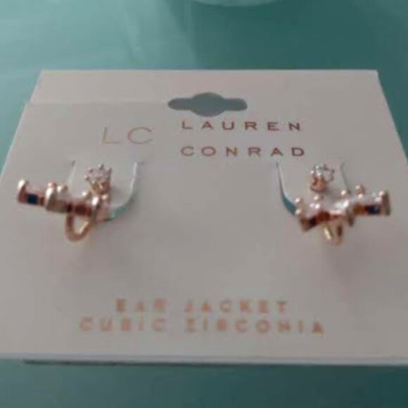 LC LAUREN CONRAD Mod/Contemporary Rose Gold Clear CZ Stones Ear Jacket Earrings - Picture 2 of 4